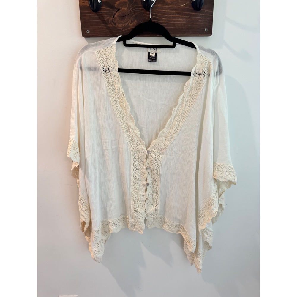 POL Ivory Crochet Lace Trim Gauze Cardigan Kimono Top TW125 Size Medium